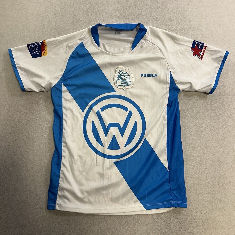 Puebla FC Soccer Jersey Volkswagen Liga MX White Blue Men's Size Small Vintage